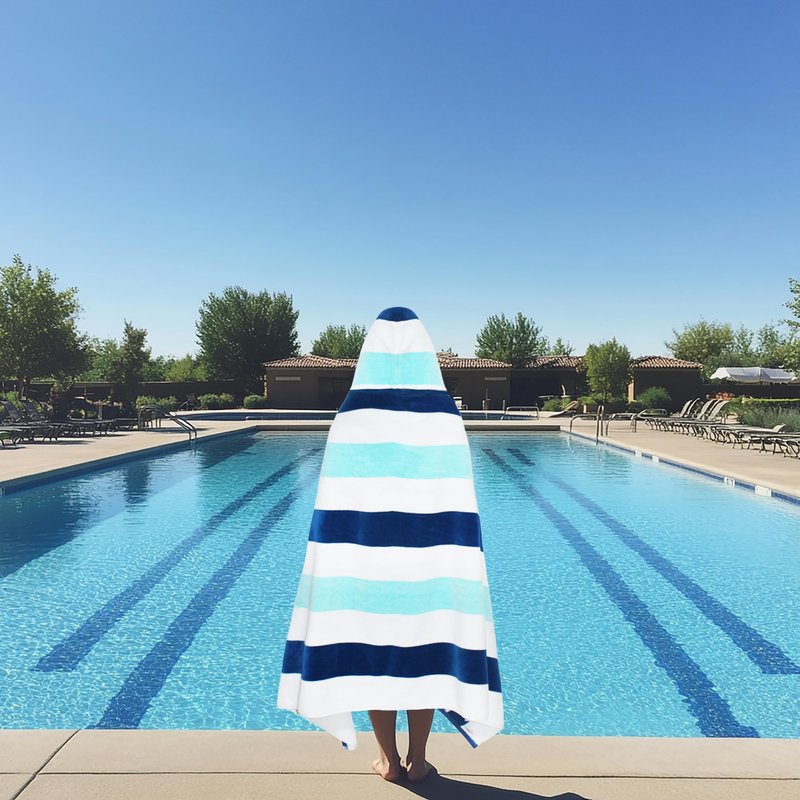 COTTON CRAFT Hooded Beach Towel - Oversized XXL 35x84 Towel with Hood for Adults - The Big Kahuna 7 Foot Beach Blanket Towel - Big & Tall Soft 100% Cotton Velour - Pool Bath Wrap - Cabana Stripe Blue