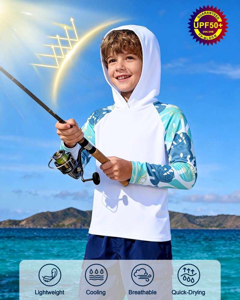 DRONIRING Boys Rash Guard Swim Hoodie, UPF 50+ UV Sun Protection Long Sleeve Fishing Shirt, Kids Youth SPF Water Shirts White-Blue