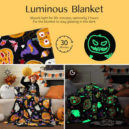Joiedomi Halloween Blanket Soft Flannel Fleece Throw Blanket Glow in The Dark Halloween Pumpkin Ghost Bat for Kids Bed Living Room Gifts 50"×60"
