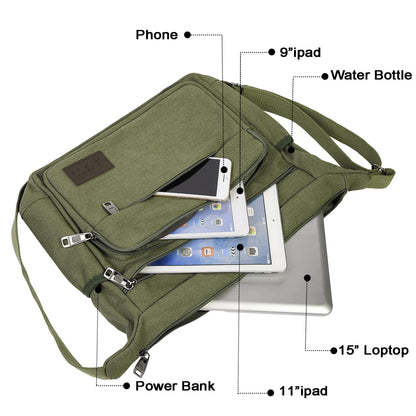 JAKAGO Canvas Messenger Bag Mens/Women Shoulder Bag with Multiple Pockets for School Travel Outdoor Fishing Camping Work Daily Use (15 inch,Green)
