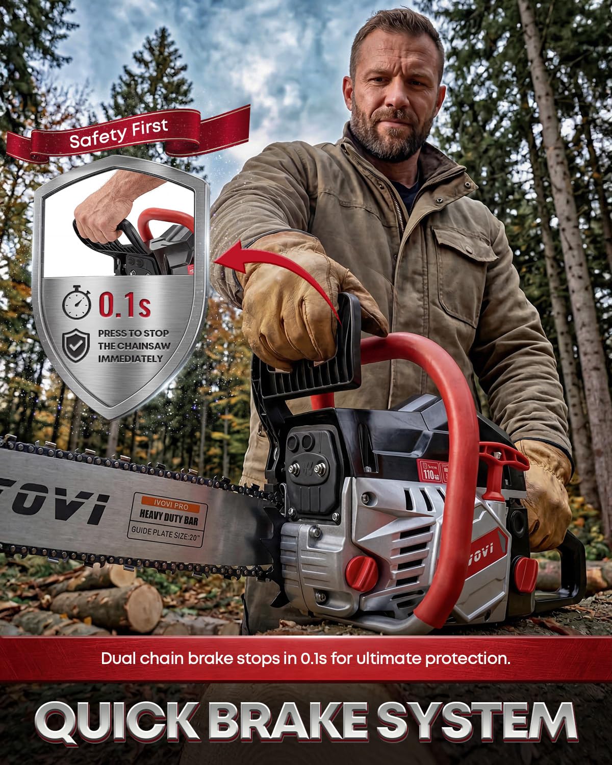 IVOVI 63CC Gas Powered Chainsaw with 20 and 18 Inch Bars, 3.7HP 2-Cycle Engine for Tree Felling, Logging and Firewood Preparation, Includes Portable Carrying Pouch and Tool Kit (Silver Black)