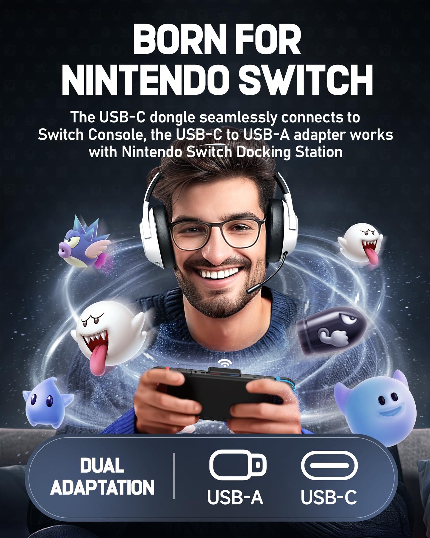 Wireless Gaming Headset for Nintendo Switch丨OLED丨Lite,2.4Ghz USB & Type-C， Bluetooth 5.4 Gaming Headphones with Noise Cancelling Microphone, 40Hr Battery, for PS5, PS4, PC, Mac （White and Black ）