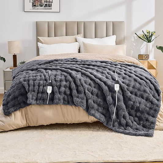 Heated Blanket Electric Throw Blanket 84''X 90''-Heating Blanket with 6 Heat Settings-10 Hours Auto Off,Cozy Faux Rabbit Fur Bubble Electric Blanket,Dark Gray