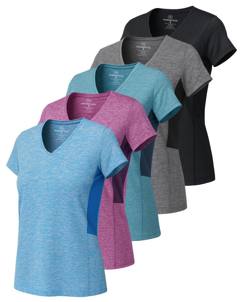 Real Essentials 5 Pack: Women's Dry-Fit Short Sleeve V Neck T Shirt Workout Fitness Yoga Top Tee (Available in Plus Size), Set 4, 2X