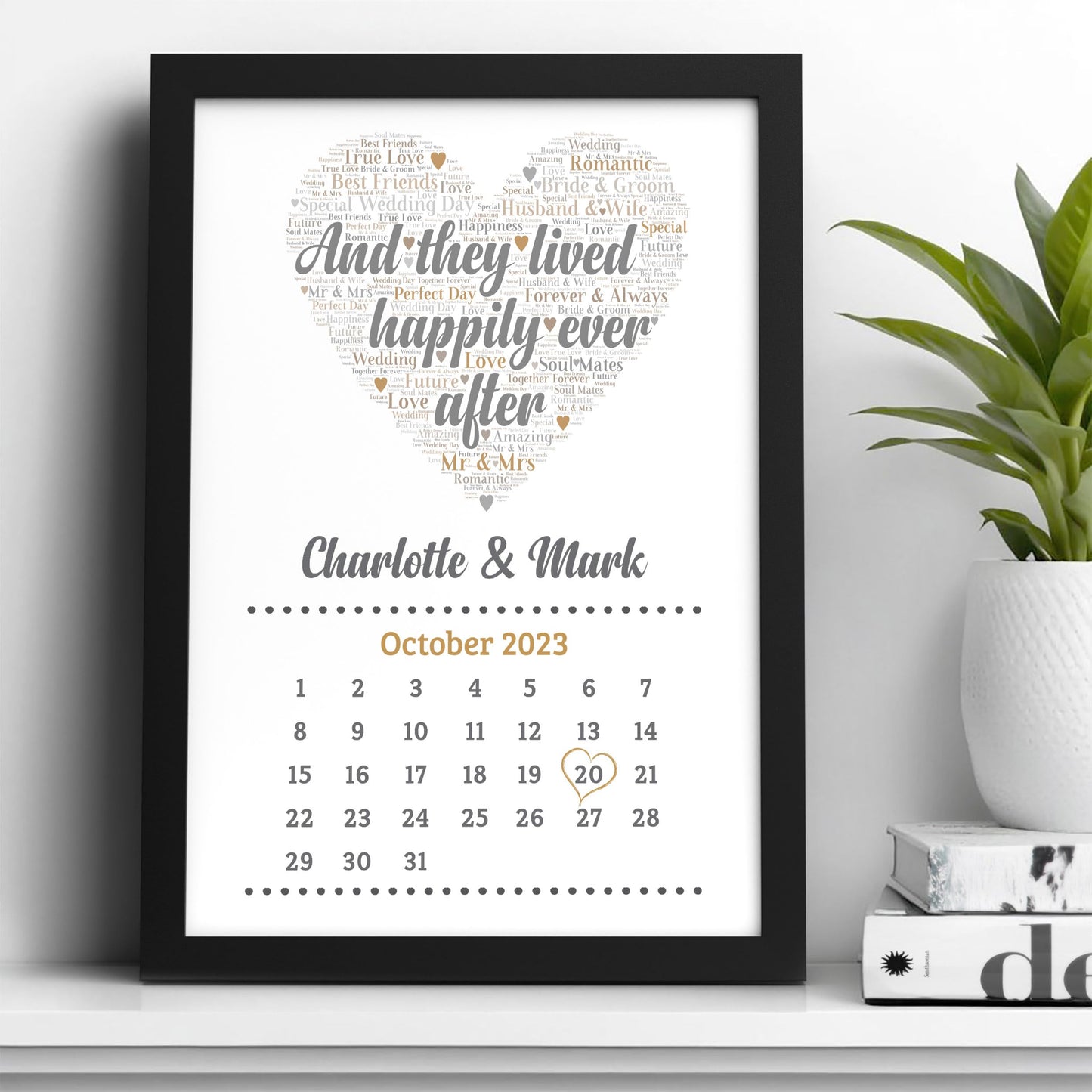 Beecreative Personalised Wedding Gifts for Bride & Groom - Custom Calendar Print with Names and Date of Wedding - Personalised 'And They Lived Happily Ever' Wedding Present Keepsake