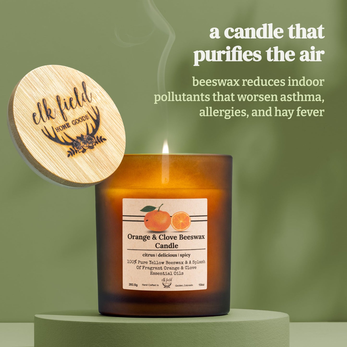 Elk Field Orange Clove Organic Beeswax Candle | 2 Ingredients | 100% Pure Beeswax Candles, Non Toxic, Natural, Organic Candles, Beeswax Candles Scented, Non Toxic Candles, 80 Hour, 10oz