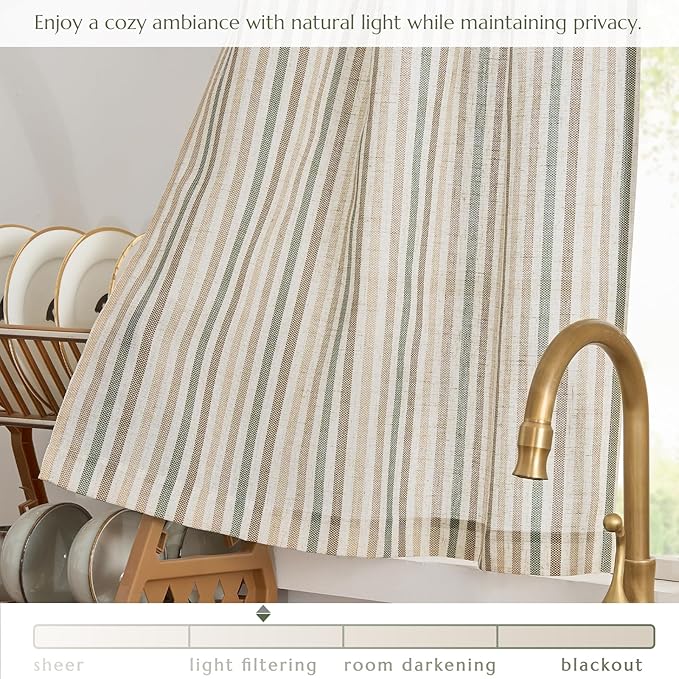 jinchan Colorful Striped Linen Kitchen Curtains 24 Inch Christmas Tier Curtains Farmhouse Modern Cafe Small Window Treatments Light Filtering Rod Pocket for Living Room Bathroom 2 Panels Multi Green