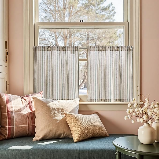 jinchan Colorful Striped Linen Kitchen Curtains 24 Inch Christmas Tier Curtains Farmhouse Modern Cafe Small Window Treatments Light Filtering Rod Pocket for Living Room Bathroom 2 Panels Multi Green