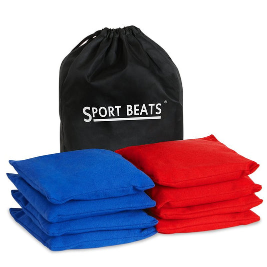 SPORT BEATS Cornhole Bags Set of 8 - Regulation Size & Weight Bean Bags, Heavy Duty Double-Stitched Canvas for Tailgating, Outdoor Backyard Game Accessories with Carry Tote Red & Blue