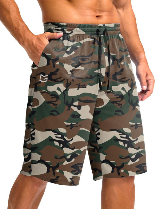 G Gradual Men's Athletic Shorts with Pockets 9" / 11" Long Basketball Shorts Lightweight Quick Dry Gym Workout Shorts for Men(Green Camo,XXXL)