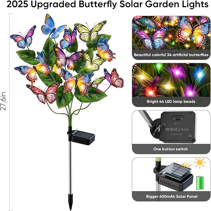 Solar Lights Outdoor Garden Decor: Gardening Gifts for Women Mom - 8 Pack 136 Butterfly Solar Lights with Colorful Bulbs - Outside Waterproof Christmas Decorations for Yard Patio Pathway Porch Lawn