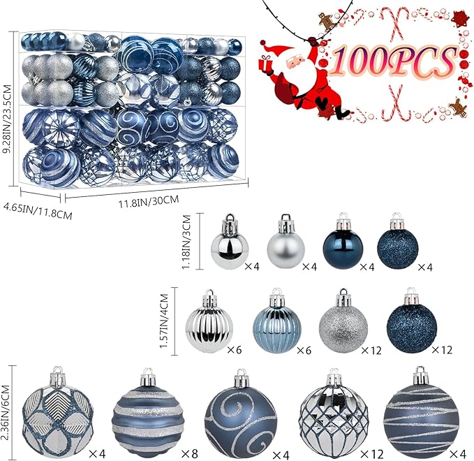 100Pcs Christmas Balls Ornaments Set, Shatterproof Christmas Decorations with Hand-held Gift Package for Xmas Tree/Holiday/Wedding/Holiday/Party Decor (Silver&Blue)