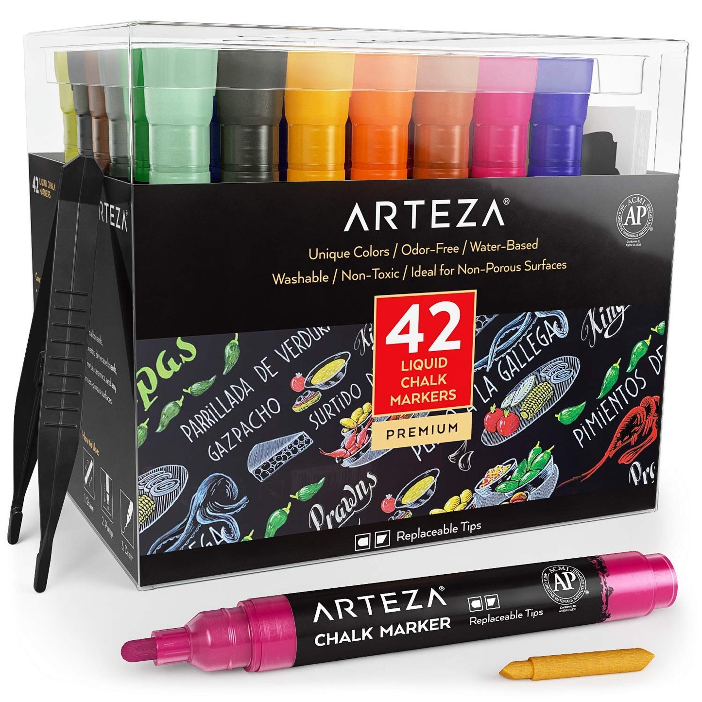 ARTEZA Liquid Chalk Pens, 42 Unique Colours, Includes 50 Chalkboard Labels and Replaceable Tips, Water-Soluble Chalk Pens for Blackboards and Windows