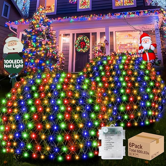 Hezbjiti Pack of 6 Battery Operated Christmas Lights Outdoor Total 600LED 5FT x3.3FT Waterproof Timed Memory Net Mesh Lights for Xmas Trees Bushes Garden Yard Lawn Patio Christmas Decor (Multicolor)