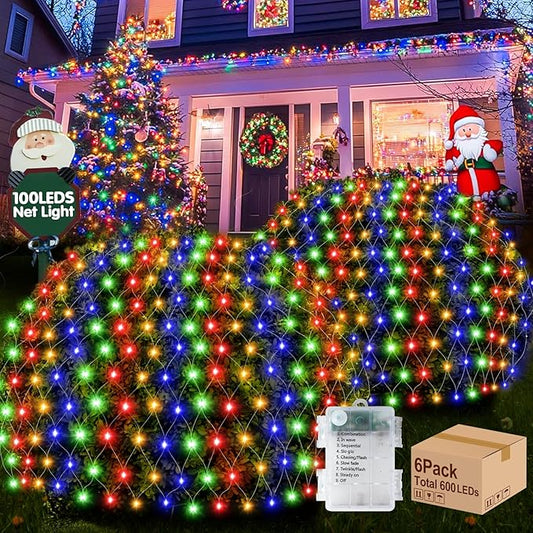 Hezbjiti Pack of 6 Battery Operated Christmas Lights Outdoor Total 600LED 5FT x3.3FT Waterproof Timed Memory Net Mesh Lights for Xmas Trees Bushes Garden Yard Lawn Patio Christmas Decor (Multicolor)