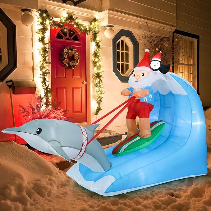 Vigdur 8FT Christmas Santa Claus Inflatables, Hawaiian Surfing Santa Blowups with Built-in LED Lights, Hawaiian Christmas Decorations for Holiday Indoor Yard Lawn Garden Outside Home Decor