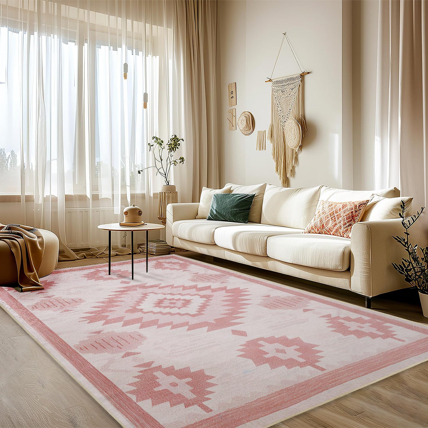 Area Rug 6x9 Living Room Western Rug Aztec Southwestern Rugs Machine Washable Tribal Navajo Southwest Rug Non Slip Printed Low-Pile Indoor Floor Carpet for Dining Room Bedroom Office, Pink