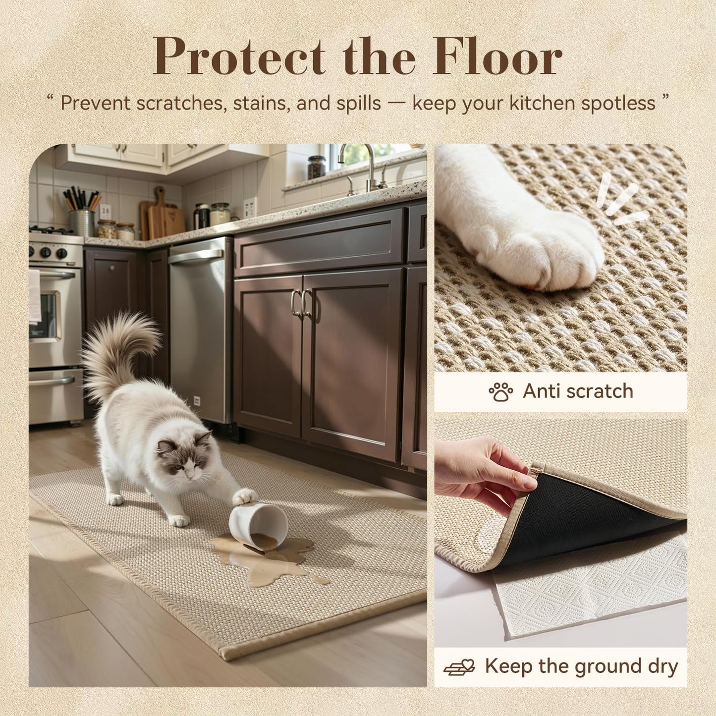 MontVoo Kitchen Rugs Non Slip Washable, Absorbent Braided Kitchen Mats for Floor with Rubber Backing, Durable Easy Clean Kitchen Floor Mat for Front of Sink, Laundry, Entryway, Beige, 17"x28"