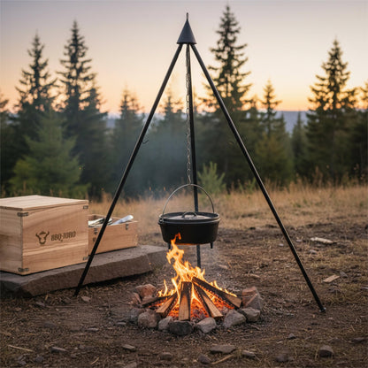 BBQ-Toro 6-piece dutch oven set in wooden box, cast iron, pre-seasoned, with cooking pot, saucepan, grill rack, tripod and more