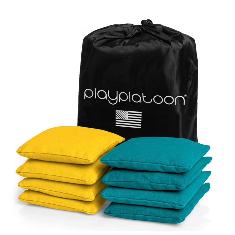 Play Platoon Weather Resistant Cornhole Bags - Set of 8 Regulation Corn Hole Bean Bags - Yellow & Teal - Durable Duck Cloth Corn Hole Bag for Tossing Game, Includes Tote Bag