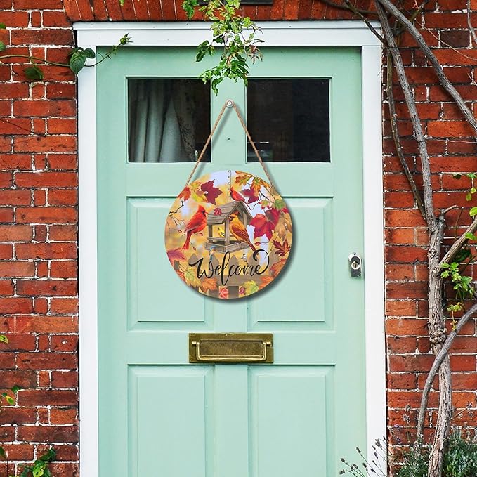 Harooni Fall Cardinal Sign for Front Door Decor, Autumn Maple Leaves Wood Door Hanger for Outdoor Outside Porch, Thanksgiving Farmhouse Wooden Wreath Indoor Wall Hanging Decoration 12"x12"