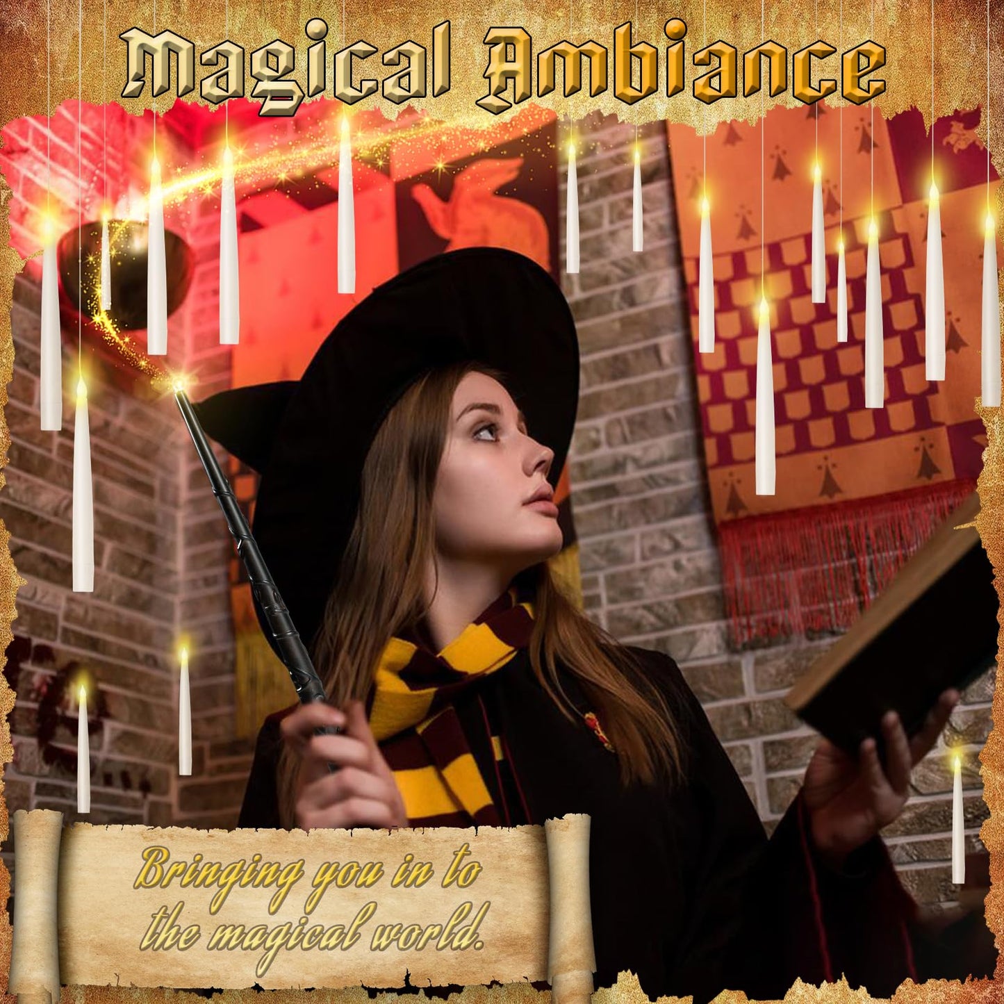 Prerish 20PCS Floating Candles with Wand, Flickering Warm Light Taper LED Flameless Candles with Wand Remote, Magic Hanging Candles, Halloween Decorations for Home Indoor Party