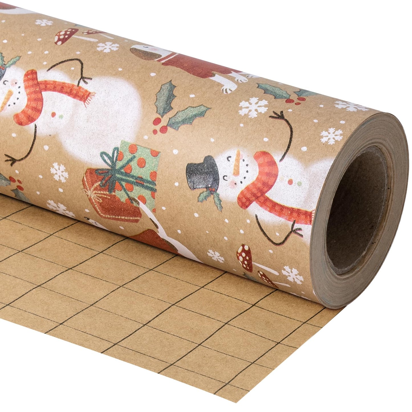 WRAPAHOLIC Kraft Christmas Wrapping Paper - Mini Roll - 17 Inch x 33 Feet - Snowman and Christmas Dog Wrapping Paper for Holiday, Party Celebration