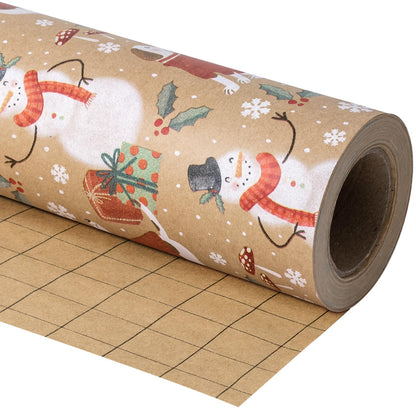 WRAPAHOLIC Kraft Christmas Wrapping Paper - Mini Roll - 17 Inch x 33 Feet - Snowman and Christmas Dog Wrapping Paper for Holiday, Party Celebration