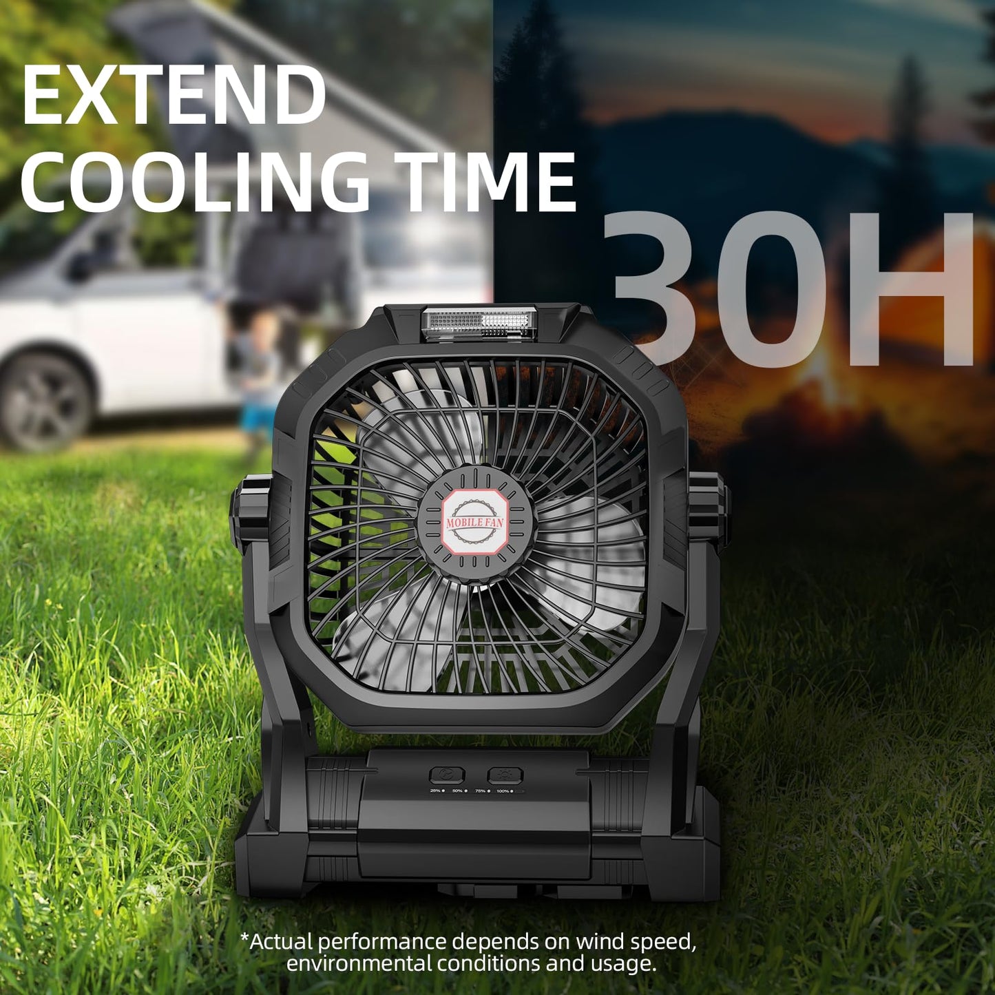 Camping Fan Rechargeable, 20000mAh Battery Powered Portable Fan with LED Light & Hook, 4-Speed 270° Adjustable, Camping Essentials for Tent, Travel, Car, Outdoor, Indoor, BBQ, Fishing, Jobsite