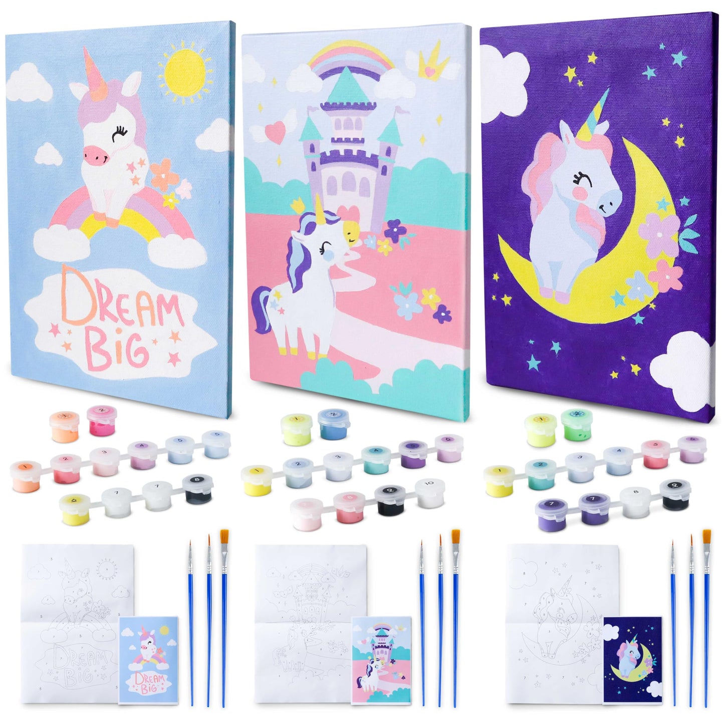 BONNYCO Paint by Numbers for Children Unicorns, Pack 3 Canvases Unicorn Gifts for Girls, Craft Kits Kids, Paint by Numbers Kits | Boys and Girls Toys, Painting Children Set | Creative Kids Gifts