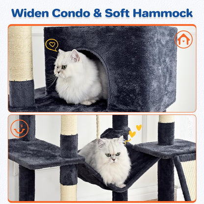 ABCPET Cat Tree Tower 63in Multi-Level Cat Tower for Indoor Cats with Sisal Scratching Posts, Condo, Hammock, Dangling Ball and Extended Platform for Cats to Play, Dark Grey