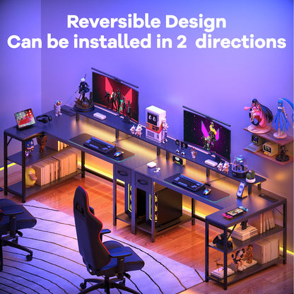 Eivanet 47 inch Gaming Desk with USB Charging Ports and LED Light, Reversible L Shaped Desk, L Shaped Desk with Hook & Monitor Stand, Computer Desk with Drawer and Shelves for Home Office Bedroom