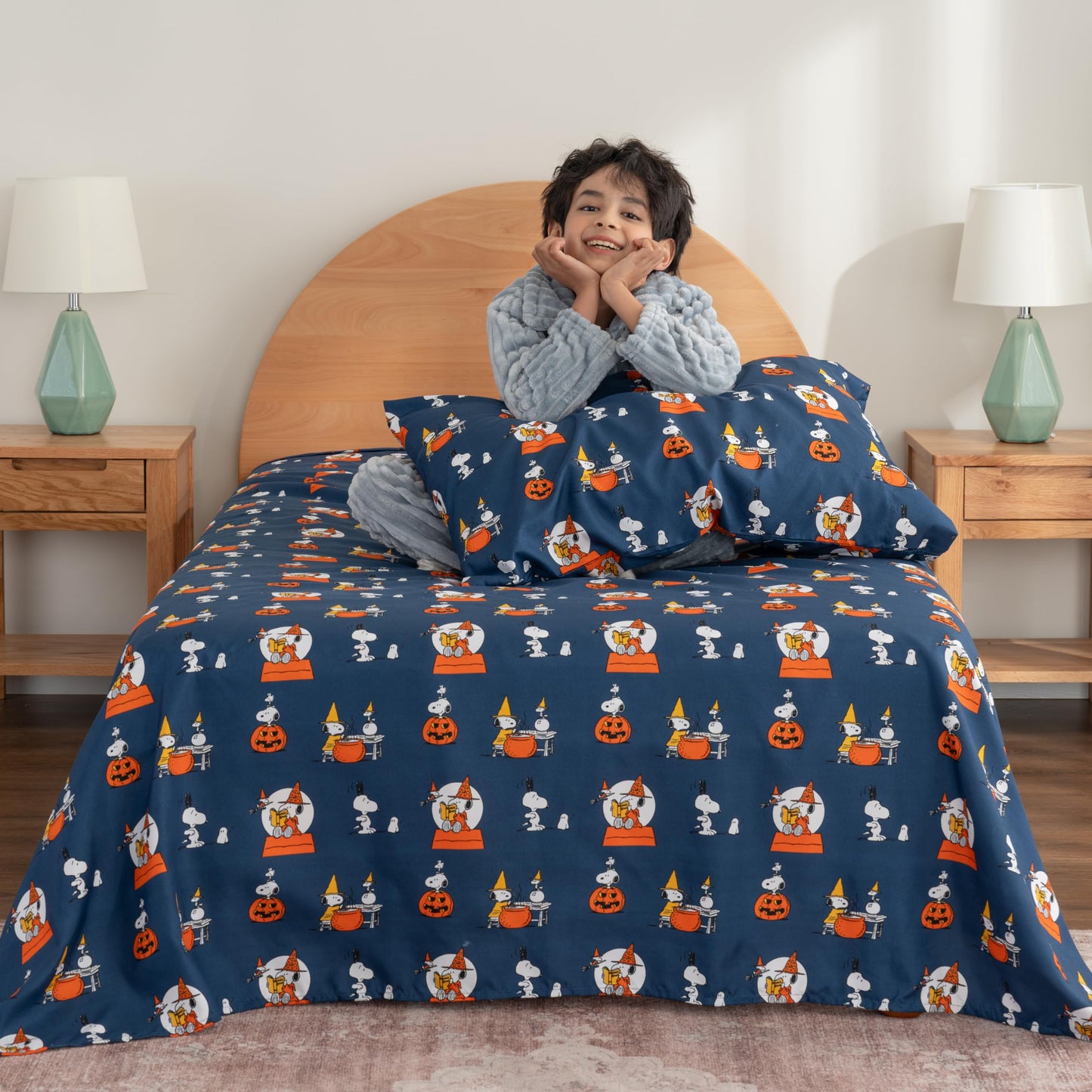 Berkshire Blanket Peanuts® Kids Sheet Set Queen Size - 4 Pieces,Cute Character Snoopy Printed Soft Microfiber Bed Sheets,Halloween Magic Potions Sheet Navy