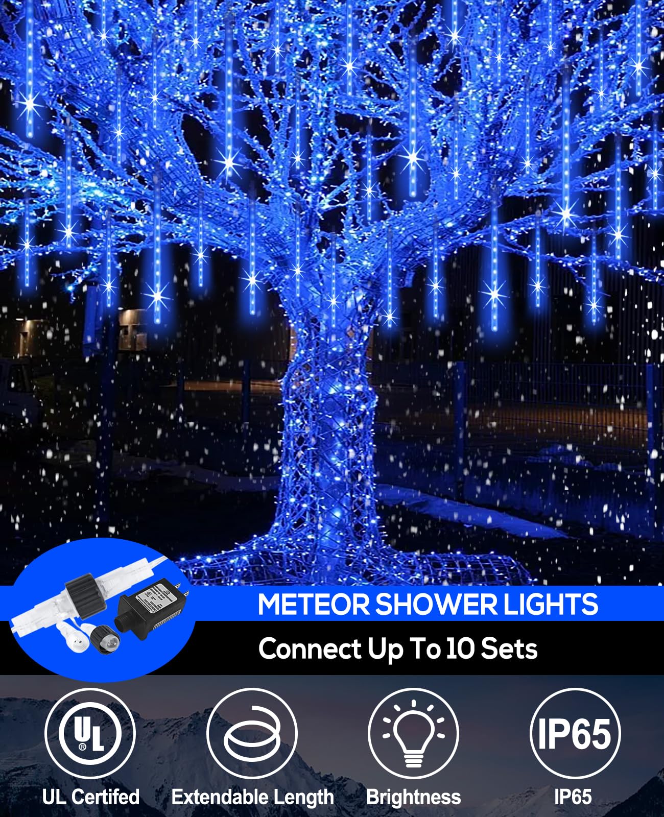 EAGWELL Meteor Shower Lights Outdoor Christmas Lights UL Certified Falling Rain Drop Snowfall Icicle Cascading String Light for Xmas Holiday Tree Wedding Party Garden Decor Blue, 12 Inch 10 Tubes