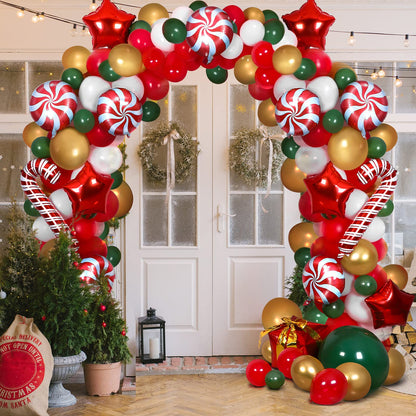 RUODON Christmas Balloon Arch Kit - 233 Pieces with Candy, Cane, Latex, Gift Box & Star Balloons for Party Decorations