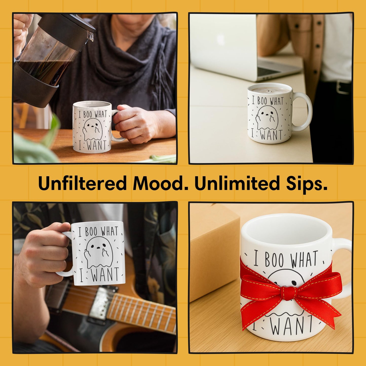 LookHUMAN Cute Ghost Halloween Coffee Mug | Spooky Vibes Cute Mugs for Men & Women, Double-Sided Print White Ceramic Coffee Cups, Dishwasher & Microwave Safe, Novelty Gift | Ghostface Cup, 11 oz