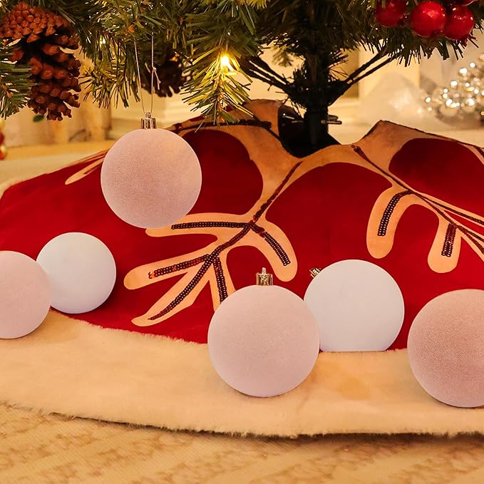 Amooca 3.15in Large Christmas Balls Ornaments Flocking Xmas Tree Hanging Decoration New Year Holiday Party Baubles 6pc Set Pink White