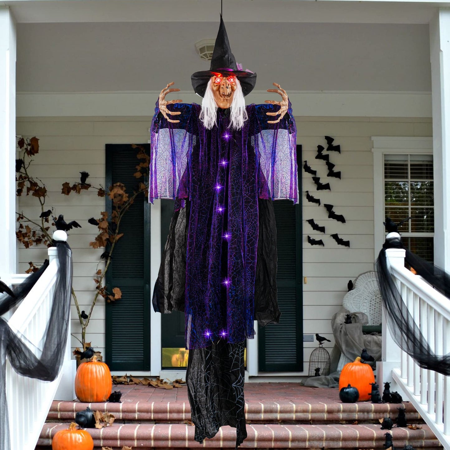 FUNPENY 6 FT Hanging Witch Outdoor Halloween Decorations, Light Up Hanging Witch with Sound Activation for Halloween Haunted House Props Party Supplies Yard Outdoor Indoor Decor