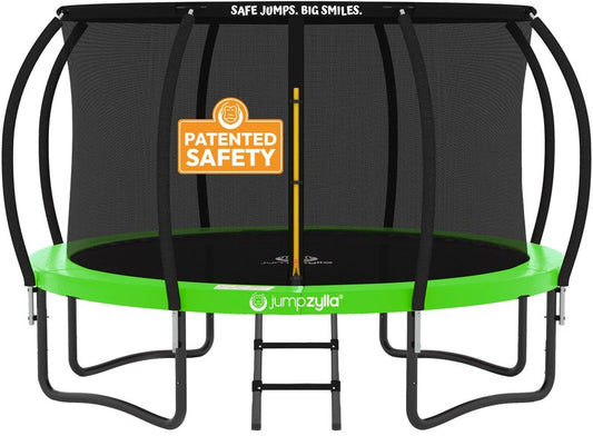 JUMPZYLLA Trampoline Outdoor 8FT 10FT 12FT 14FT 15FT 16FT with Enclosure and Ladder, ASTM Approved Recreational Trampoline for Kids and Adults, Anti-Rust Coated Frame (Green, 16FT)