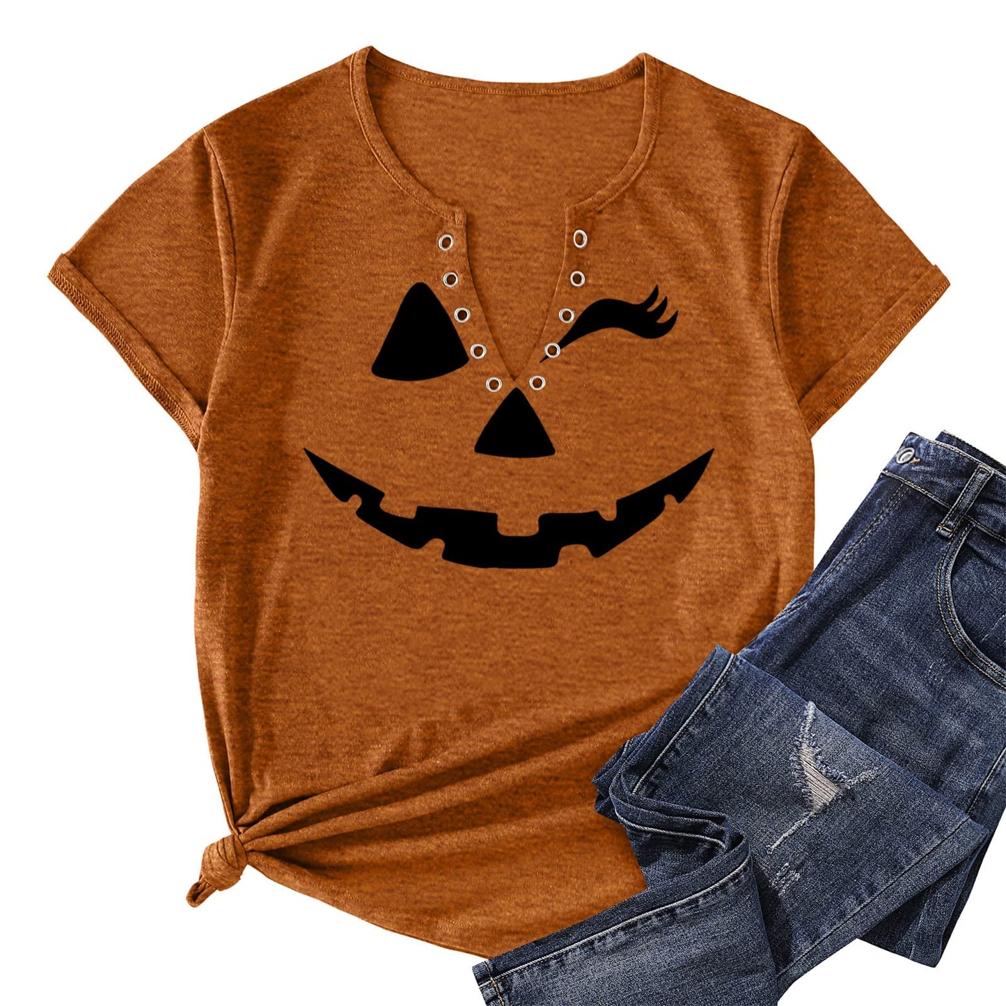 MAIHUN Halloween Pumpkin Face Shirts for Women Hocus Pocus Shirt Funny Pumpkin Tee Tops