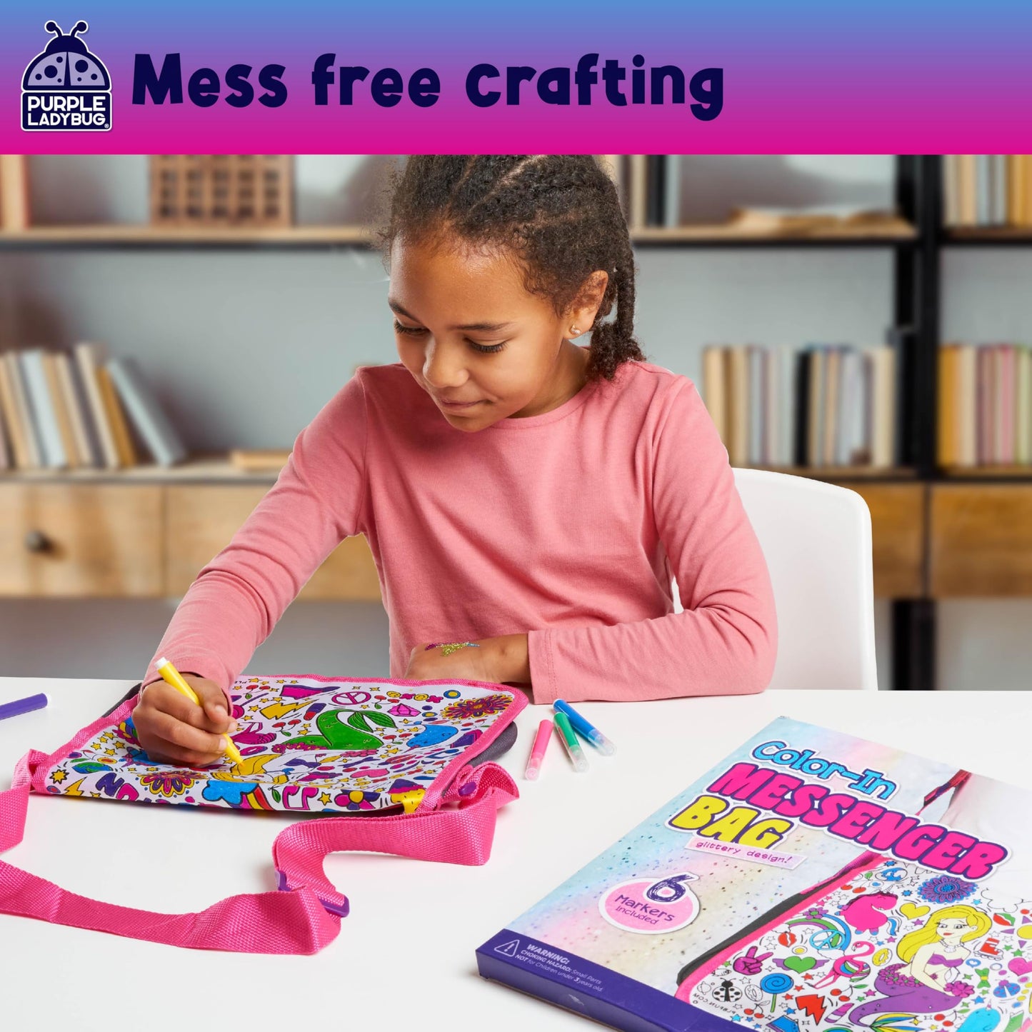 PURPLE LADYBUG Colour Your Own Messenger Bag Kit - Creative Craft Gift with 6 Vibrant Markers for Girls Aged 6-12, Perfect for Birthdays and Year-Round Fun in Arts and Crafts, Great Gift Idea