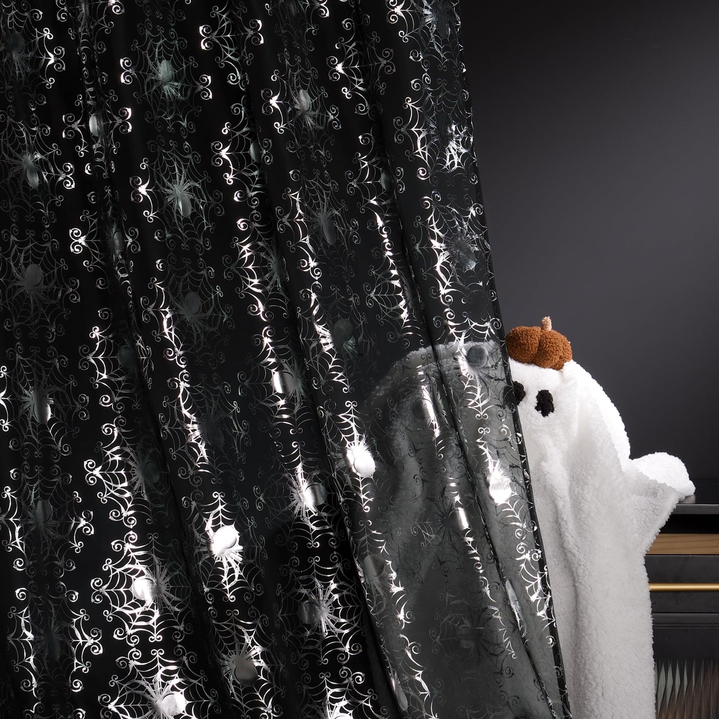 NICETOWN Black Sheer Halloween Curtains with Silver Spider Foil Print, Grommet Flowing Voile Sheer Window Treatment for Gothic Bedroom, W54 x L84, 2 Panels