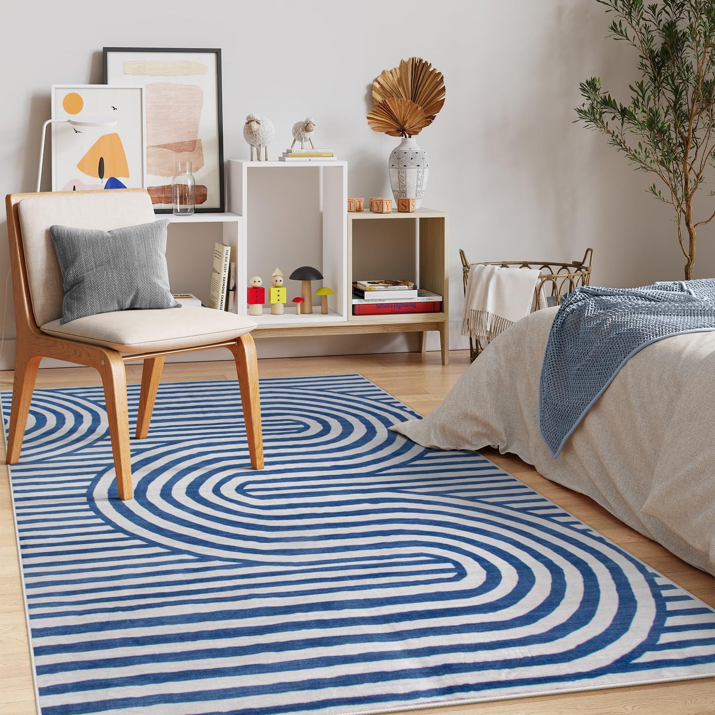Lahome Modern Washable Area Rugs 5x7, Blue and White Rugs for Bedroom Ultra-Thin Non-Shedding, Abstract Living Room Rugs Stain Resistant Geometric Large Carpet for Kids Office Dorm Alba(5'X7',Blue)