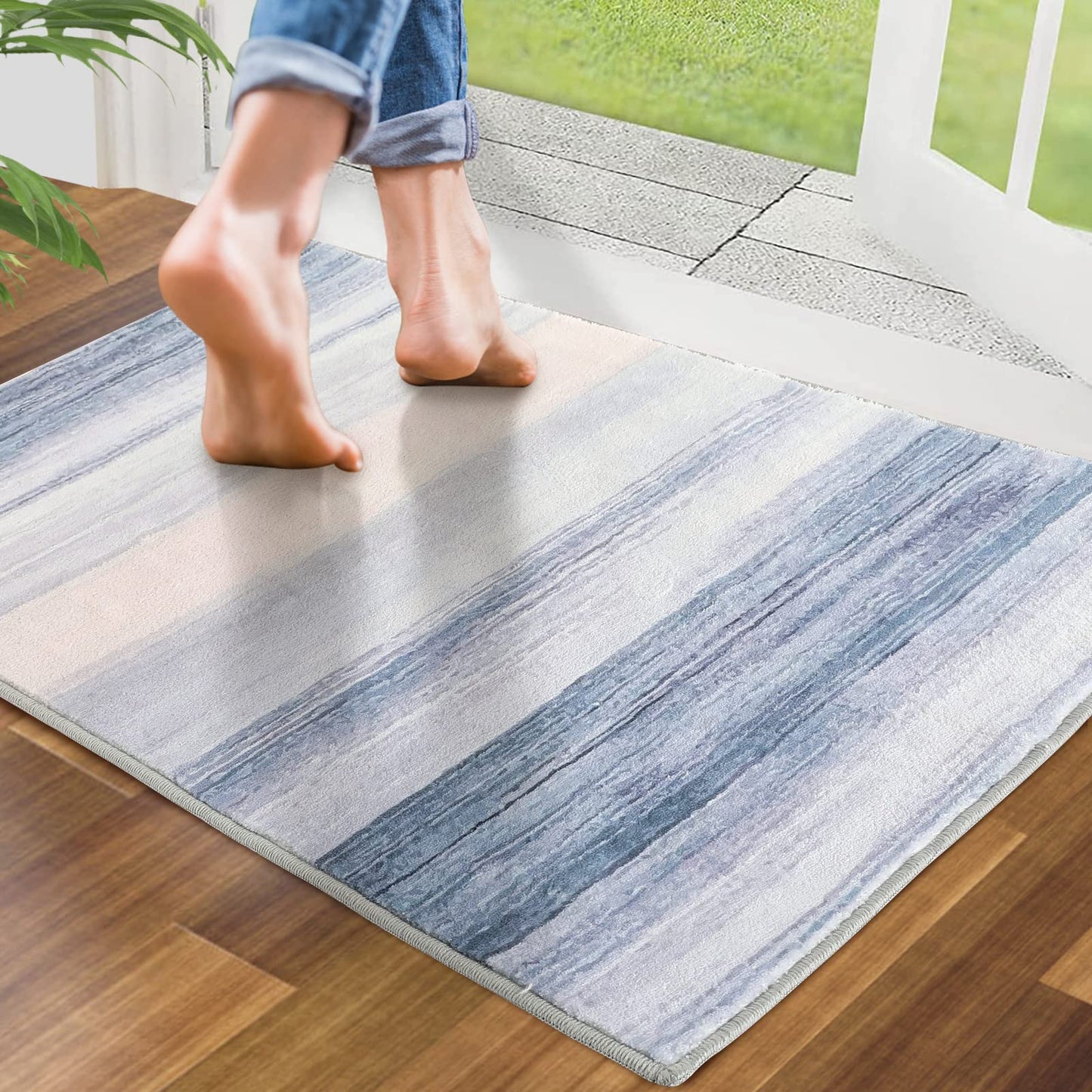 CRISTGEE Door Mat, Front Indoor Door Mat Faux Wool Non-Slip Entryway Rug Absorbent Abstract Throw Rug for Indoor Entrance Hallway Laundry Room, High Traffic Areas, 20X32 Inches, Blue Washable