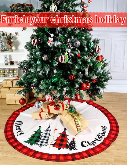 Multiwins Christmas Tree Skirt 48 Inch Red Rustic Xmas Tree Skirt with Snowflake, Black Red Buffalo Plaid Christmas Tree Skirt Ornaments for Merry Christmas Holiday Party Decorations Indoor Outdoor