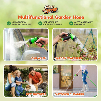 Flexi Hose Expandable Garden Hose - 75FT Heavy Duty Water Hose, Retractable Hose with 2cm Brass Fittings - Expandable Hose Design Includes Spray Nozzle (Green 23 Metres)
