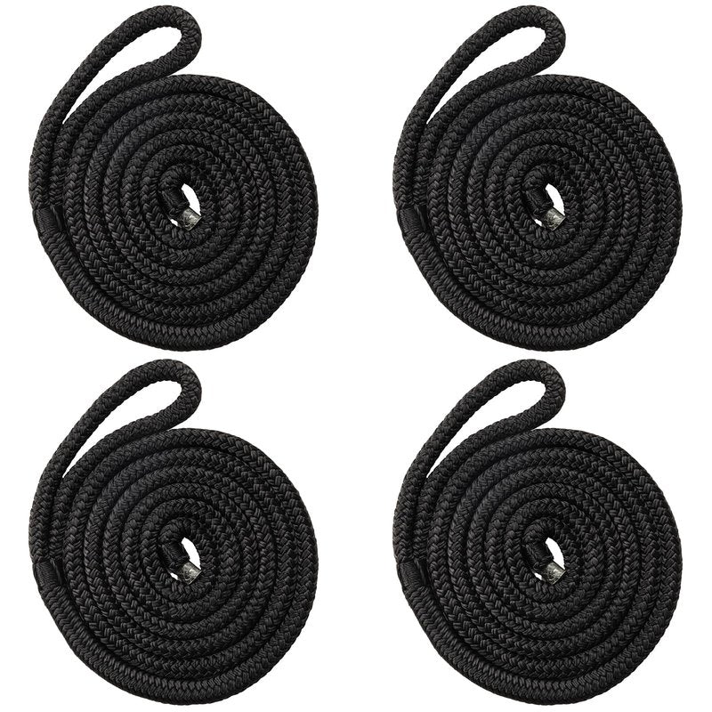 HOKINETY Boat Dock Fender Lines - 1/2" x 10ft Marine Rope with Pre-Spliced 6" Loop Double Braided Nylon Ropes Bumper Tie Mooring Line for Boats Docking Pontoon Boating Accessories - 4 Pack Black