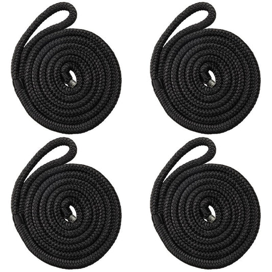 HOKINETY Boat Dock Fender Lines - 1/2" x 10ft Marine Rope with Pre-Spliced 6" Loop Double Braided Nylon Ropes Bumper Tie Mooring Line for Boats Docking Pontoon Boating Accessories - 4 Pack Black