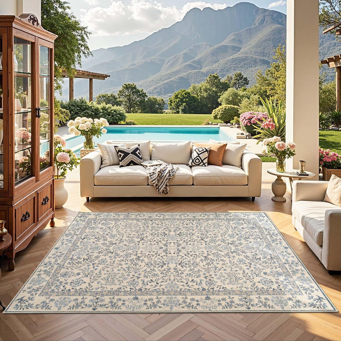 jinchan Zenith Floral 5x7 Area Rug Soft Low-Pile Living Room Rug Machine Washable Non-Slip Vintage Botanical Aesthetic Throw Carpet for Bedroom Dining Room Nursery Blue/Cream