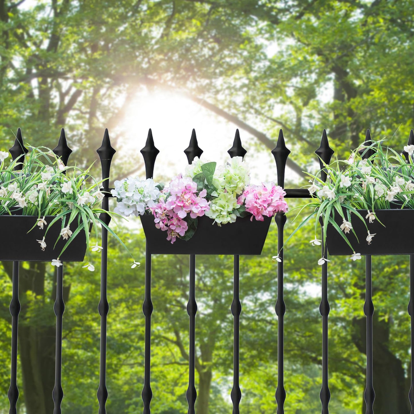 Holensun Railing Planters Outdoor Balcony 16 Inch Deck Over The Railing Planter Boxes Hanging Planters for Fence Flower 3 Pcs (Black)